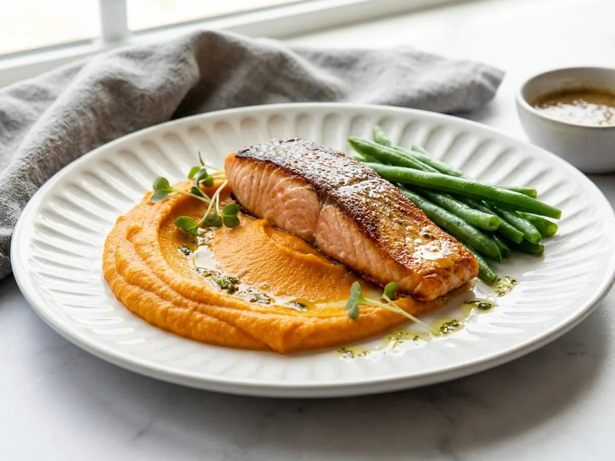 Assiette avec purée de patate douce et côte de veau grillée, dressage soigné