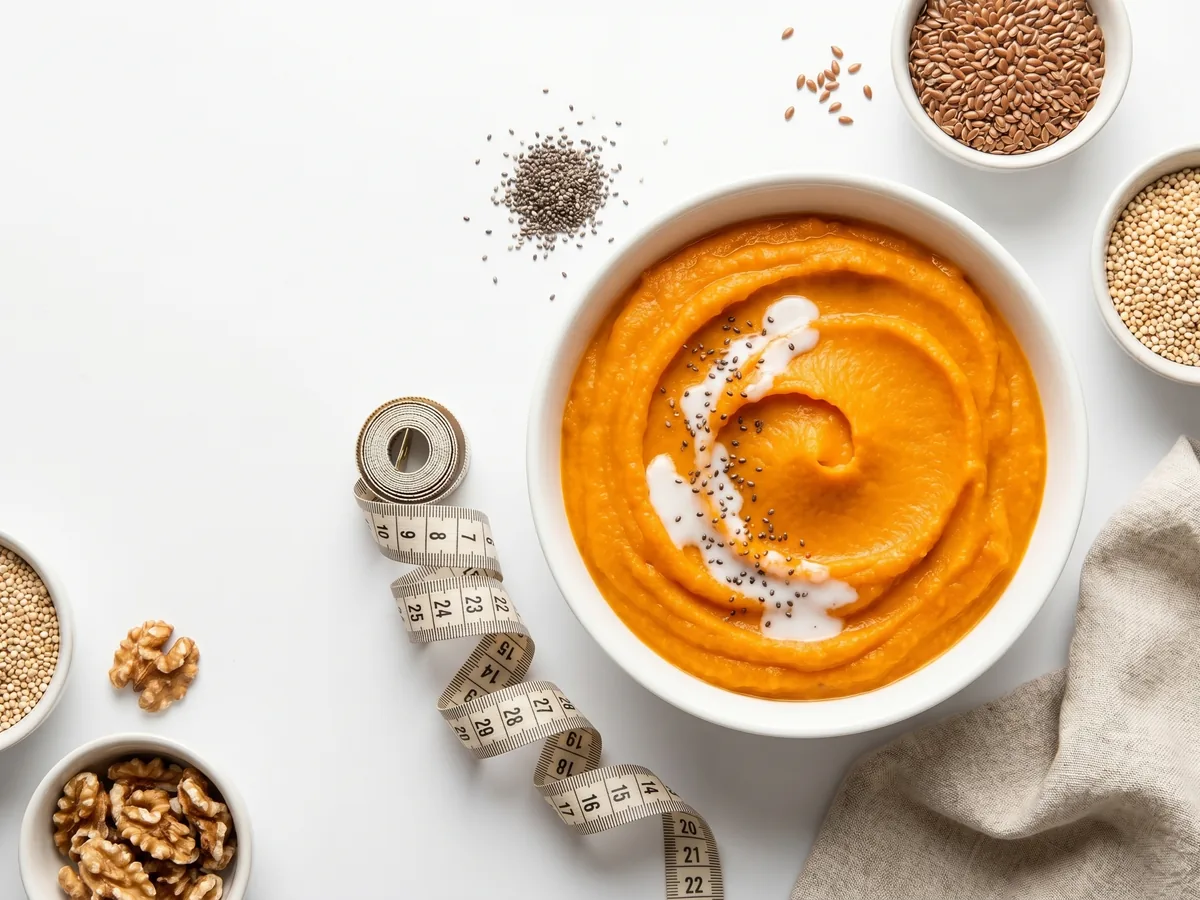 Bol de purée de patate douce avec tableau nutritionnel visible
