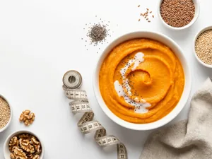 Bol de purée de patate douce avec tableau nutritionnel visible