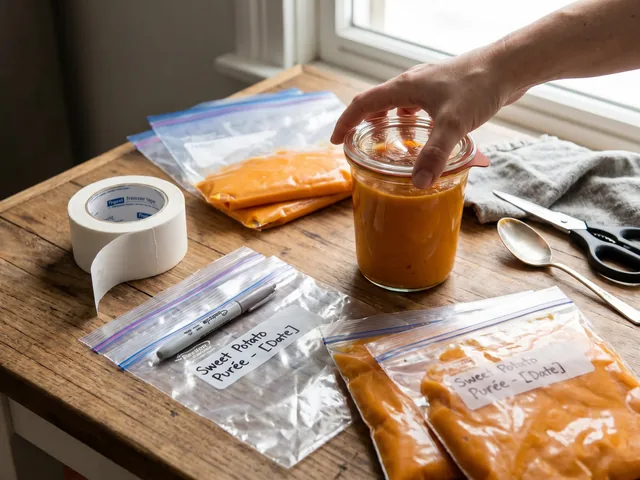 Portions de purée de patate douce dans des bacs à glaçons, prêtes pour la congélation
