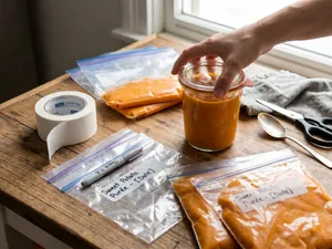 Portions de purée de patate douce dans des bacs à glaçons, prêtes pour la congélation