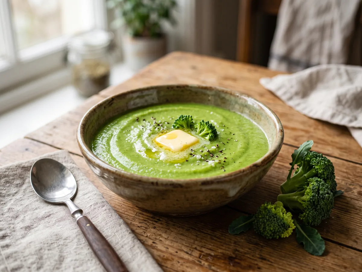 Purée de brocolis vert vif dans un bol, fleurettes de brocoli crues à côté