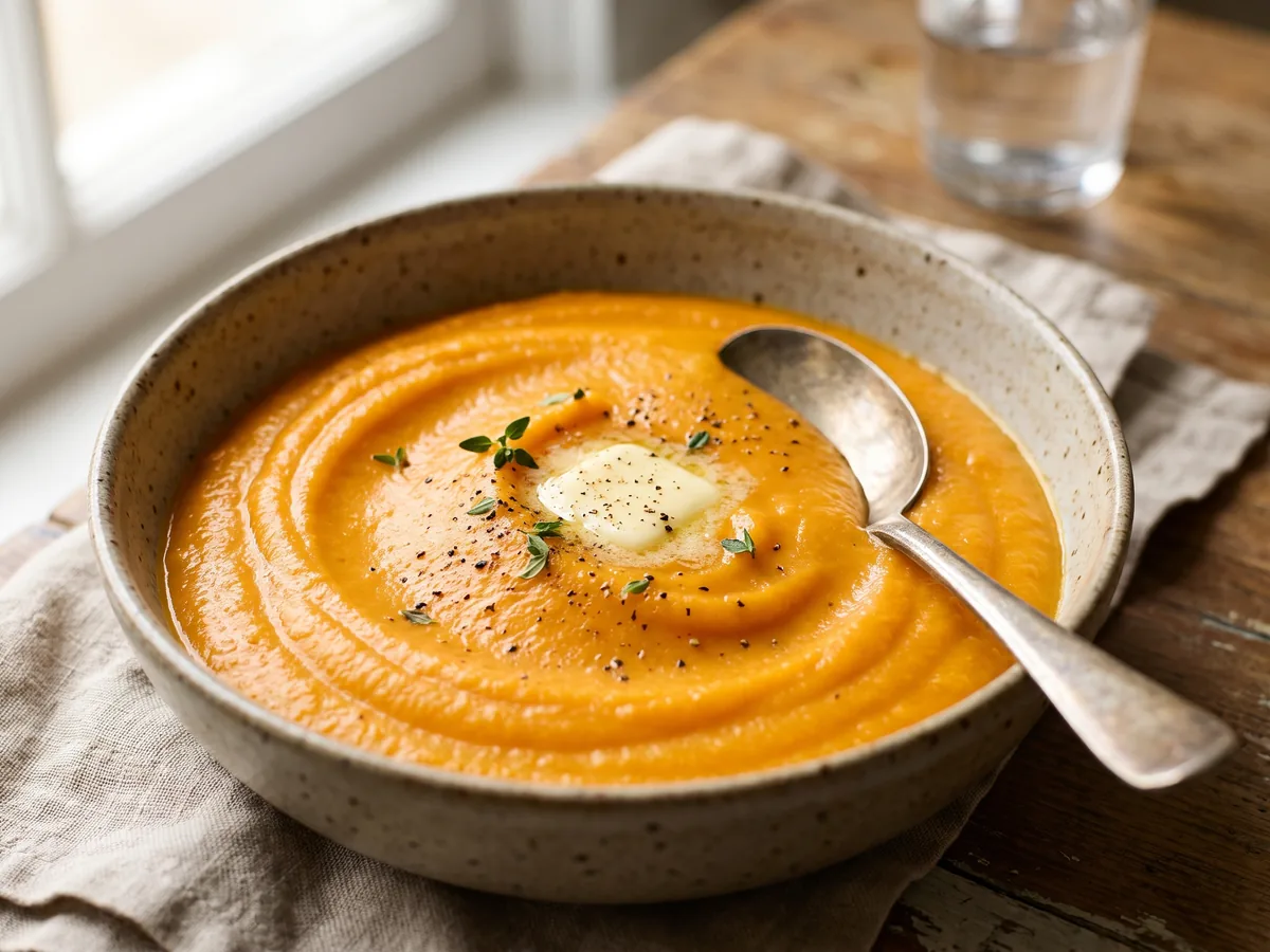 Purée de carotte onctueuse dans un bol, couleur orange vif, texture lisse et brillante