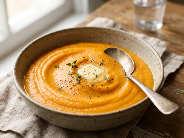 Purée de carotte onctueuse dans un bol, couleur orange vif, texture lisse et brillante