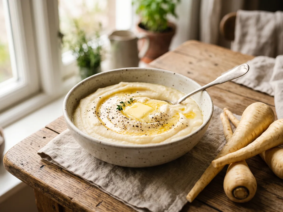 Purée de panais onctueuse dans un bol, panais crus et épluchés à côté