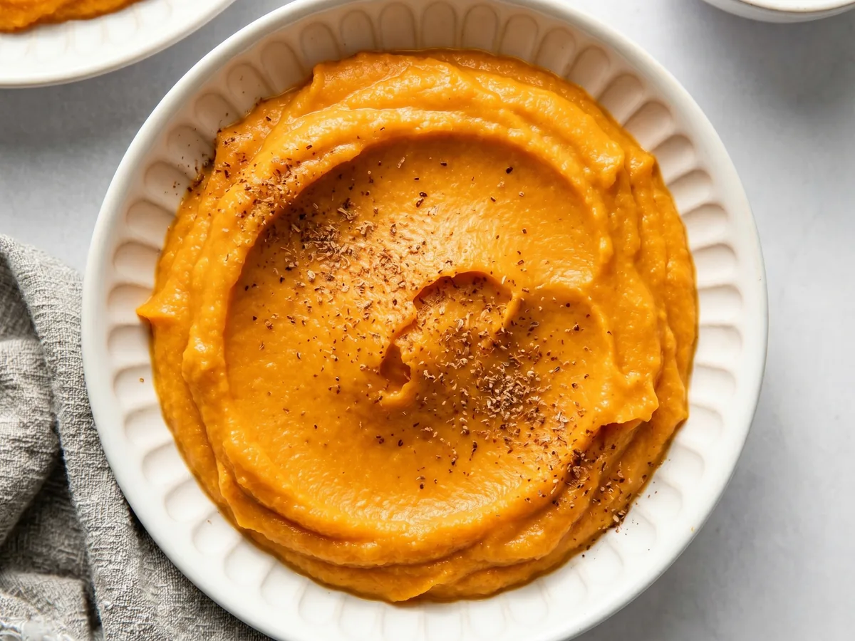 Purée de patate douce crémeuse servie dans un bol blanc, texture lisse et veloutée