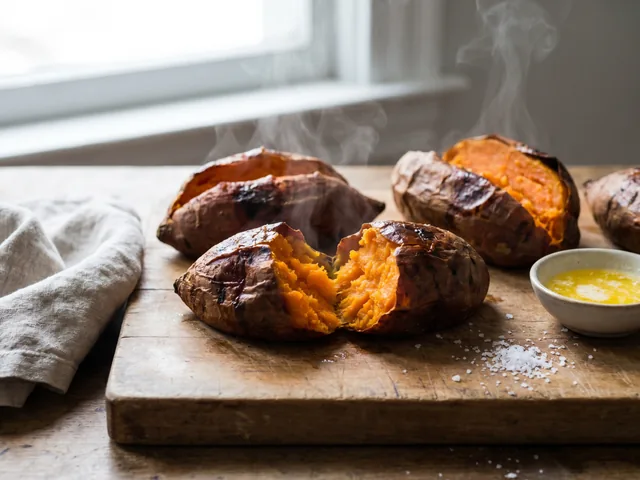 Patates douces entières sorties du four, peau ridée et dorée, chair orangée prête à écraser en purée