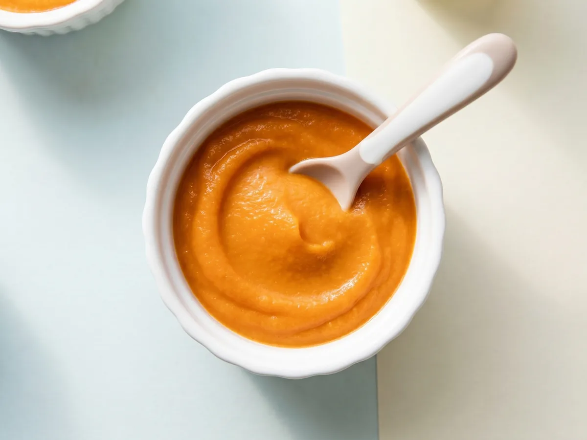 Purée de patate douce lisse pour bébé dans un petit bol coloré