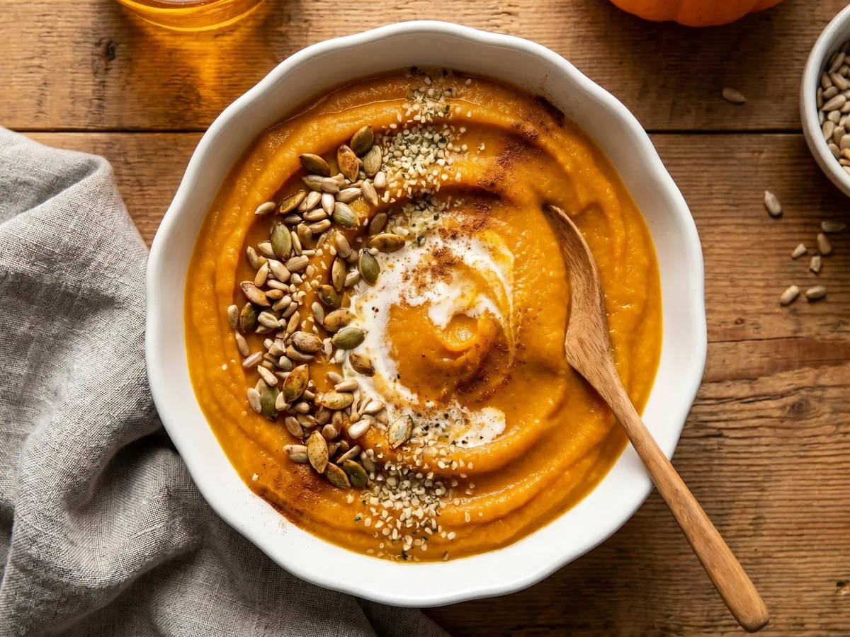 Purée de butternut et patate douce dans un bol en céramique, couleur dorée d'automne