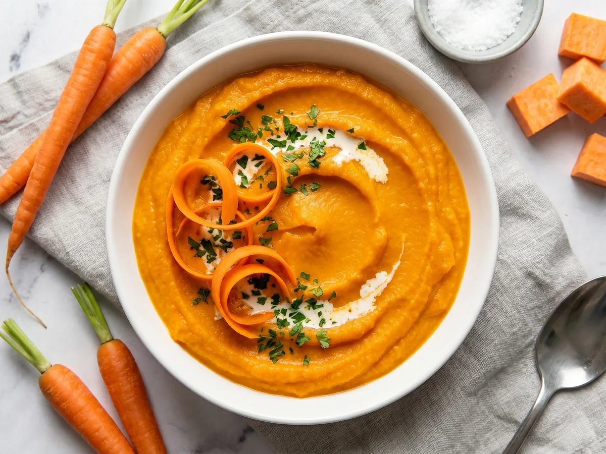 Purée de patate douce et carotte dans un bol blanc, couleur orangée vive