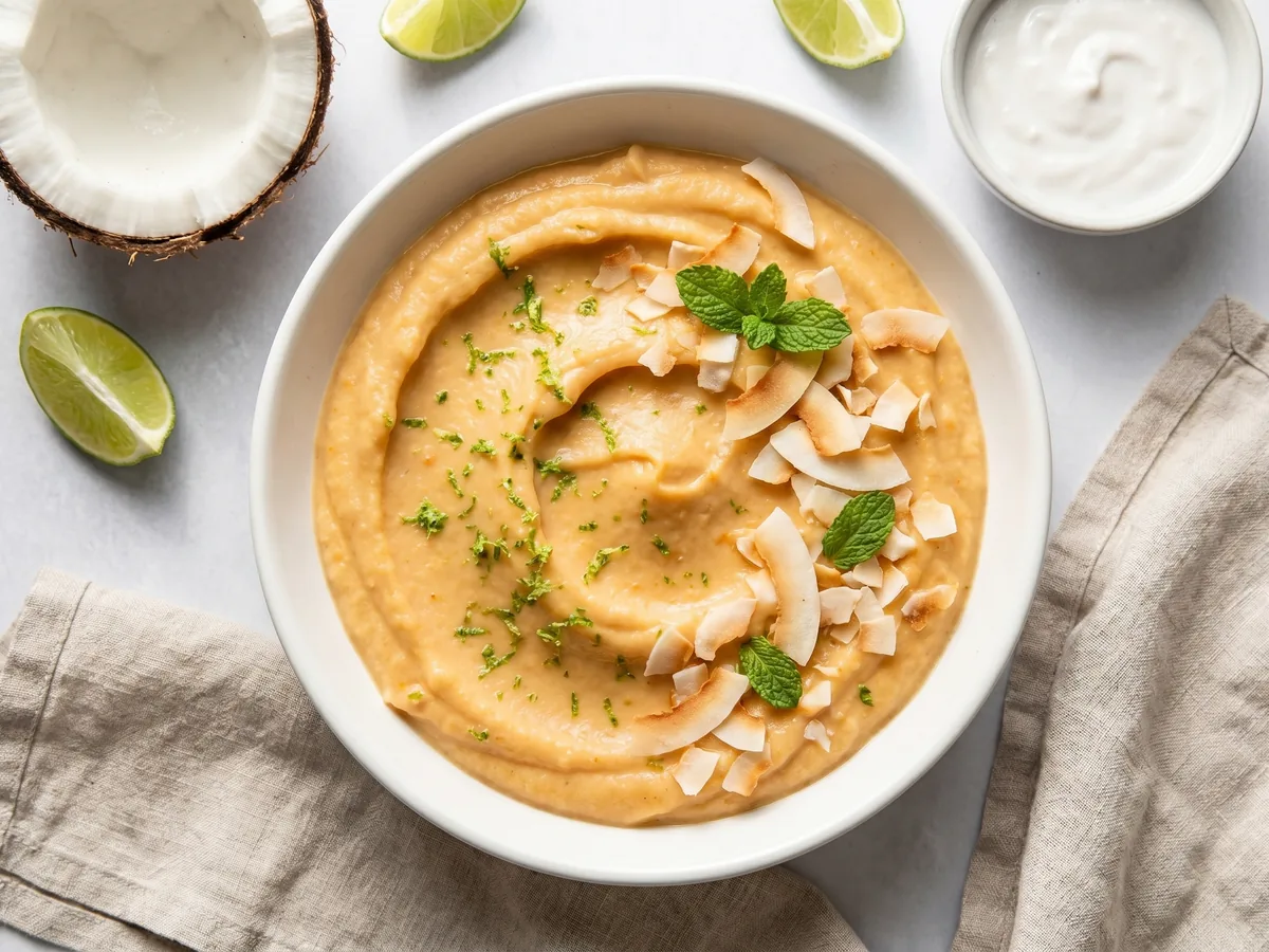 Purée de patate douce au lait de coco dans un bol, parsemée de coriandre fraîche