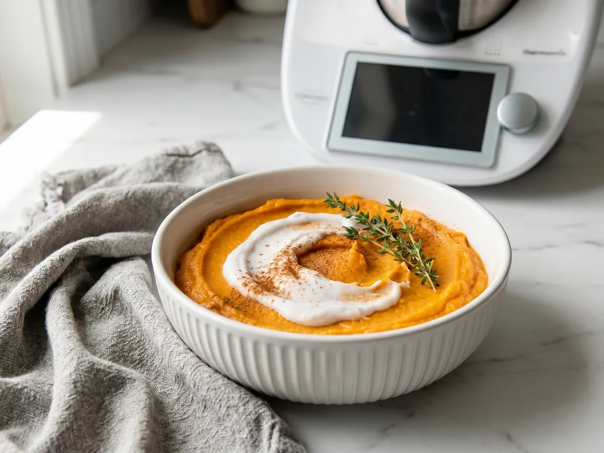 Bol de purée de patate douce onctueuse préparée au Thermomix TM6