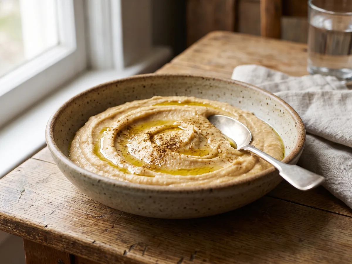 Purée de pois chiches dans un bol, texture lisse, sans tahini