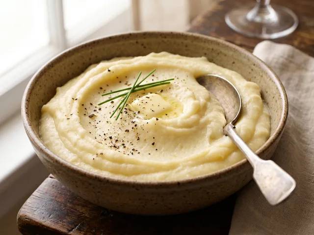 Purée de pomme de terre onctueuse dans un bol, texture lisse et crémeuse