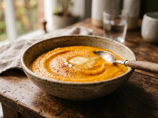 Purée de potimarron onctueuse dans un bol, peau non retirée avant cuisson